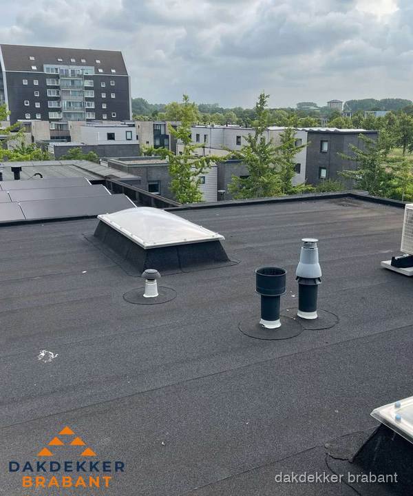 Groot plat dak met lichtkoepel en dakdoorvoeren in Brabant