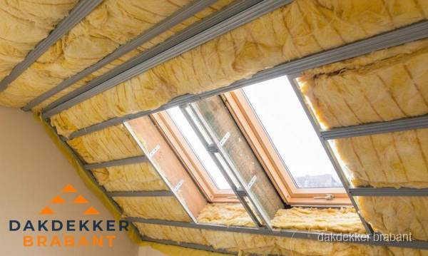 Schuin dak isoleren met glaswol bij dakraam in Brabant