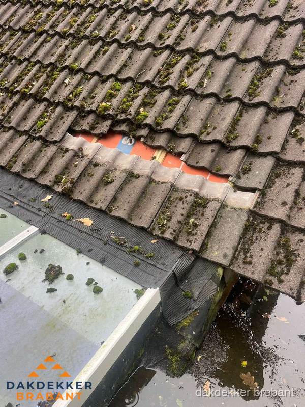 Beschadigd pannendak met ontbrekende dakpannen voor reparatie in Brabant